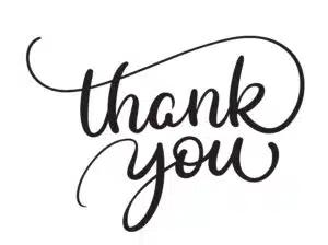 Elegant black script saying 'thank you' on white background.